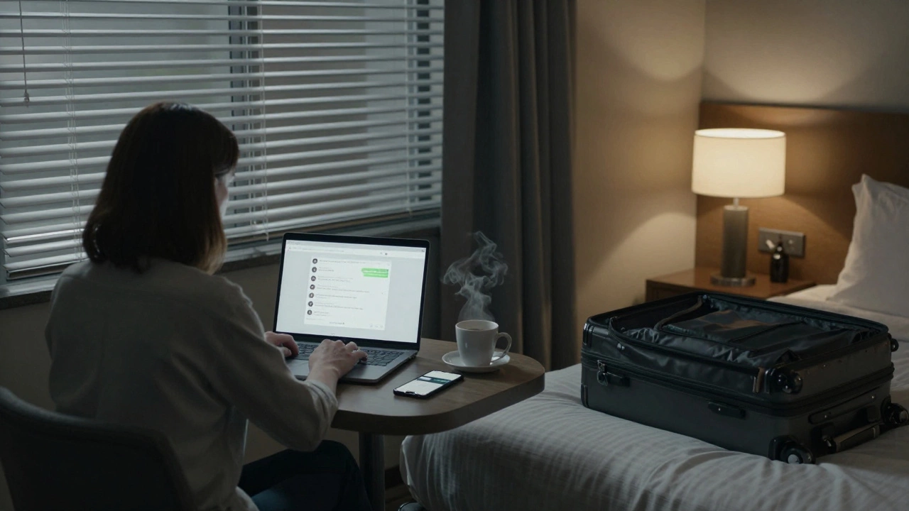 A woman sits in a hotel room using a laptop and phone, surrounded by packed luggage.