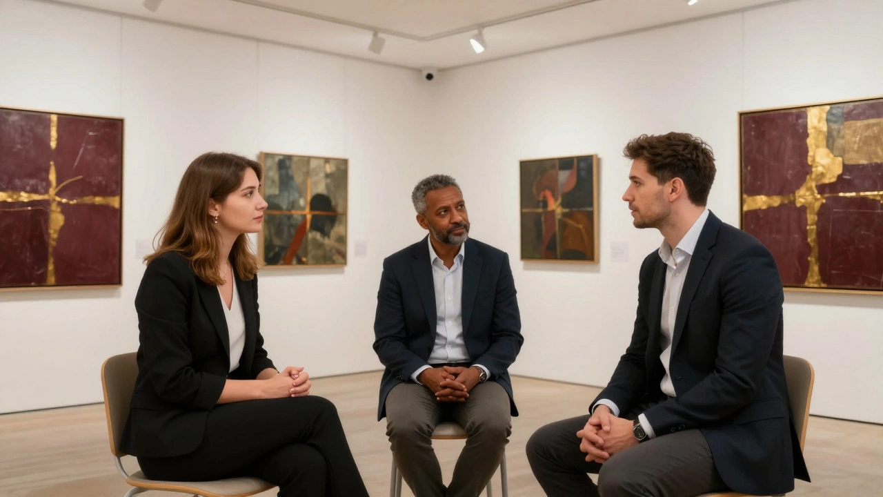 Three clients in quiet conversation with a Russian woman in a modern art gallery, thoughtful atmosphere.